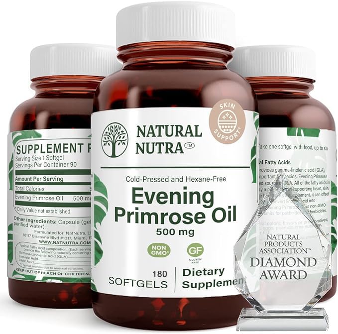 Natural Nutra Evening Primrose Oil Supplement från Fatty Acid, hjälper till att övervinna kroppssmärta, nervhälsa, främja hjärthälsa och hud Clarity, hjälper till att minska Digestive Discomfort, 500 mg, 180 Softgel