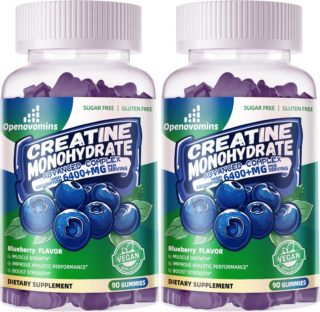 Kreatinmonohydrat Gummies Komplex för män och kvinnor -Avancerad Formel W/L-Taurin + Vitamin B12, Sugar Gratis Chewable Supplement,180 Blueberry Gummies 2pack
