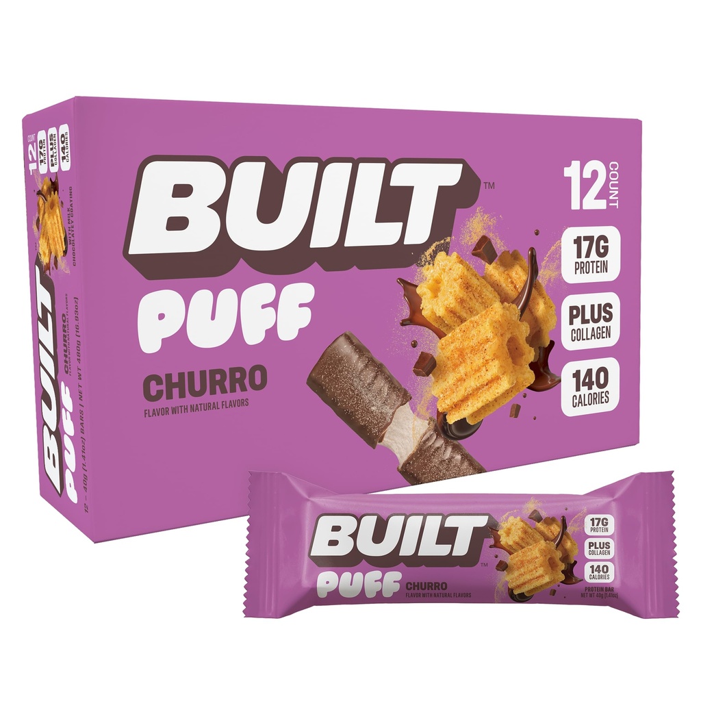 Byggd Bar, Puff Protein Bars, Churro Puff, 17g Protein Snacks, On-The-Go Bars, Endast 140 kalorier och 6g socker, Collagen, Gluten Free, 12 Count