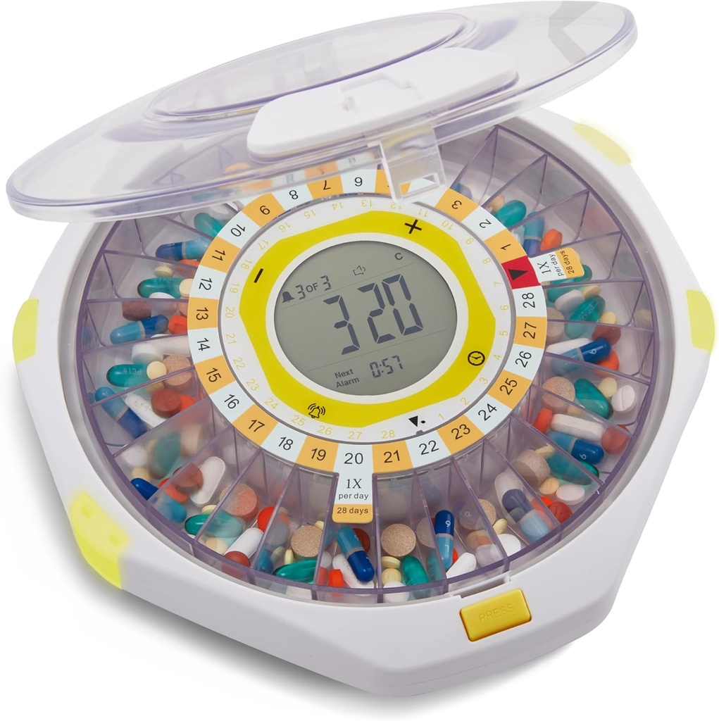 LiveFine Bluetooth Automatic Pill Dispenser, 28-Day Capacity, Sound & Light Alerts, Key Lock, LCD & Easy Setup på LiveFine App för recept, mediciner, vitaminer och tillägg - Clear Lid