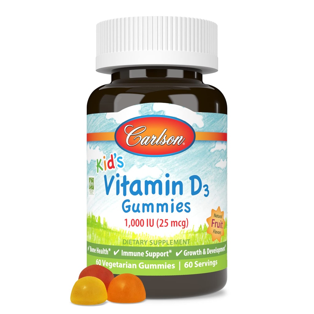 Carlson - Kid's Vitamin D3 Gummies, 1000 IE (25 mcg), Bone Health & Immune Support, Tillväxt och utveckling, vitamin D Gummies, D3 Gummy Vitaminer, Natural Fruit Flavors, 60 Vegetariska Gummies
