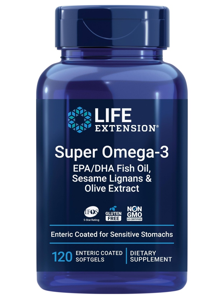 Life Extension Super Omega-3 EPA / DHA Fish Oil, Sesam Lignans & Olivextrakt - Hjärthälsa, Hjärnhälsa, Inflammation Health Support, Gluten-Free, Enteric-Coated, Non-GMO, 120 Softgels