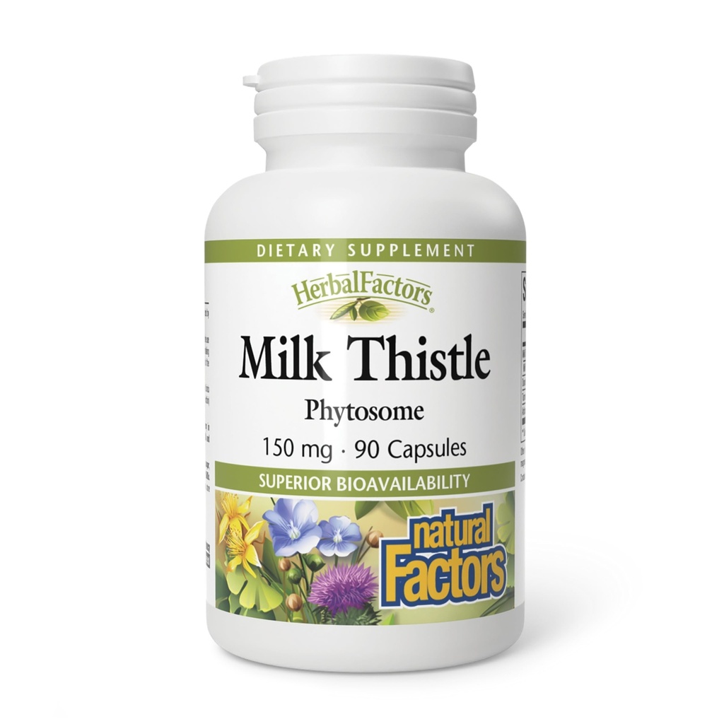 HerbalFactors by Natural Factors, Milk Thistle Phytosome, främjar hälsosam leverfunktion med Dandelion och gurkmeja, 90 kapslar (90 portioner)