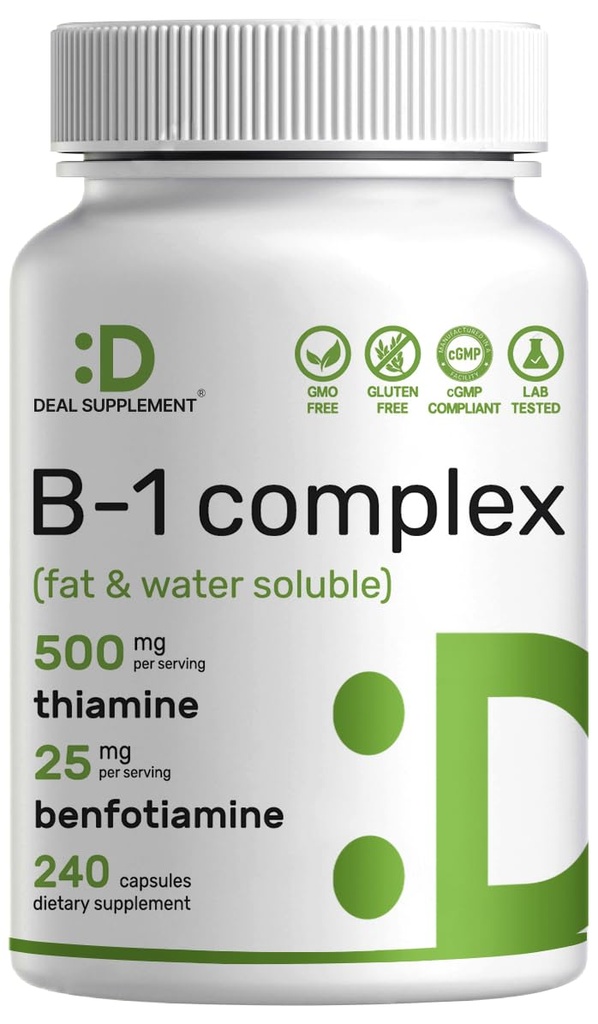 DEAL SUPPLEMENT Vitamin B1 500mg med Benfotiamine, 240 kapslar - 2 i 1 Förbättrad formel - Fett & Vattenlöslig Thiamin B1 Supplement - Tredje part testad, icke-GMO, Ingen Gluten