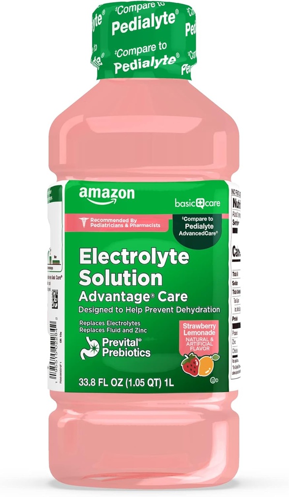 Grundläggande vårdfördelar Electrolyte lösning med Prevital Prebiotics, jordgubbslemonade, Hydration Drink, repetera Electrolytes, Fluid & Zink, 33,8 fl oz (Pack av 1)
