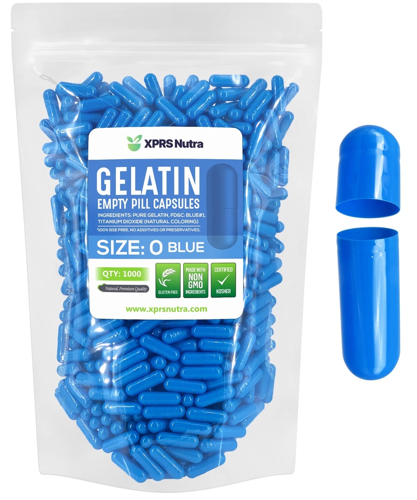 XPRS Nutra Size 0 Empty Capsules - Empty Gelatin Capsules - 1000 Count DIY Capsule Fyllning - Pure Bovine Pill Gel Caps for Do-It-Yourself Supplements (Blue)