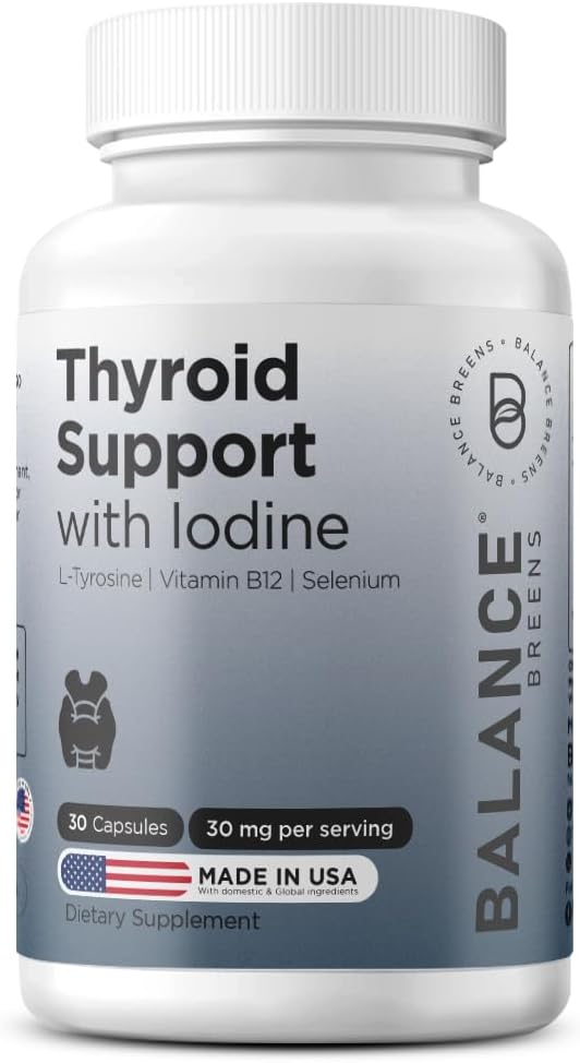 Balancebreens Thyroid Support Supplement med jod, L-Tyrosin, vitamin B12 & Selen, 30 Veg Capsules - Energi, Metabolism & Focus Support