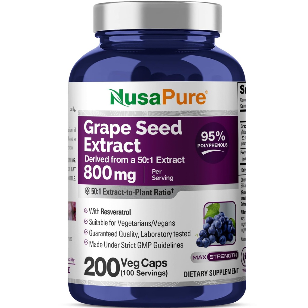 NusaPure Grape Seed Extract 40.000mg per Caps, 200 Vegan Capsules, Standardized, Non-GMO, Gluten Free, Resveratrol