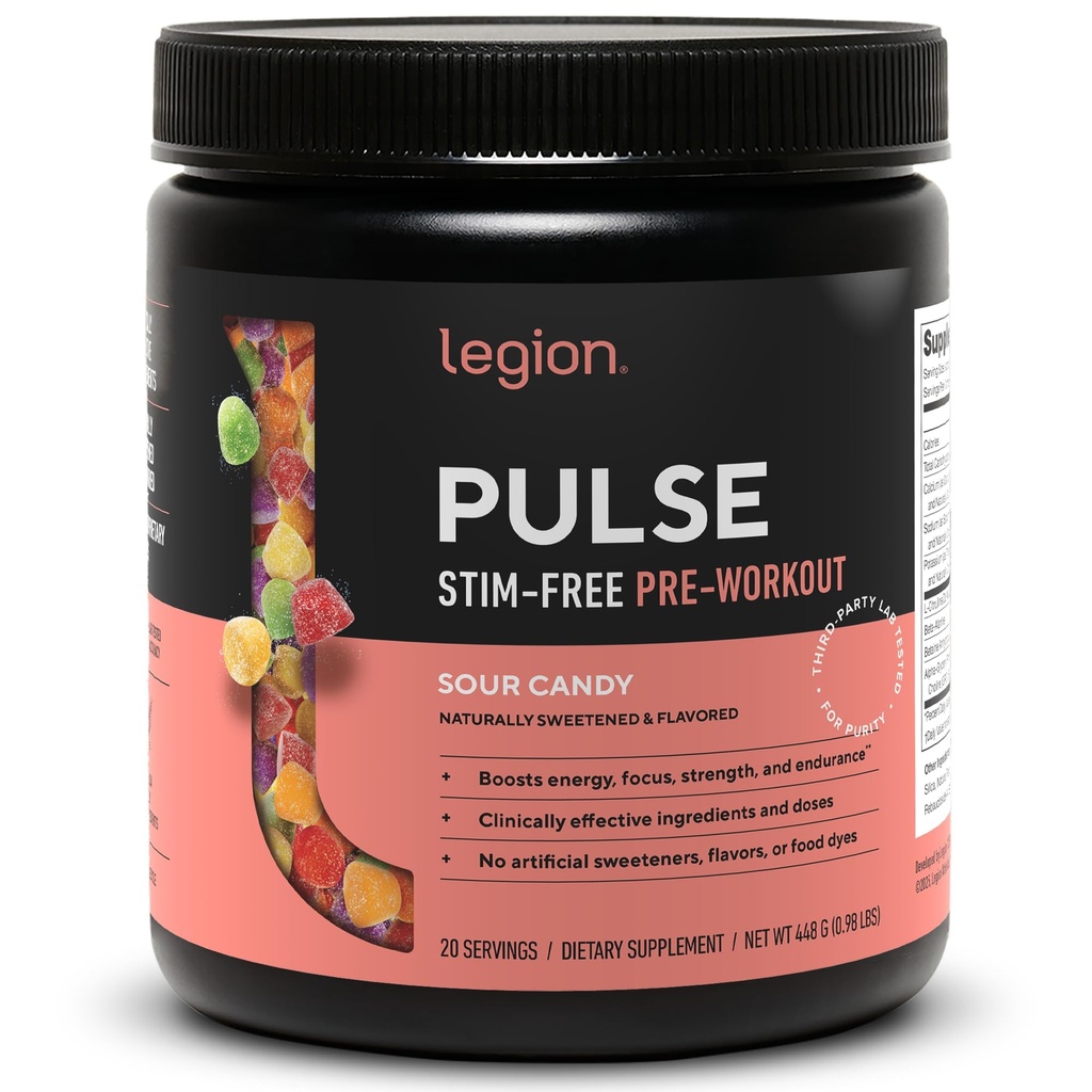 LEGION Pulse Pre Workout Supplement - All Natural Nitric Oxide Preworkout Drink för att öka energi, kreatinfri, naturligt sötad, Beta Alanine, Citrulline, Alpha GPC (Caffeine Free Sour Candy)
