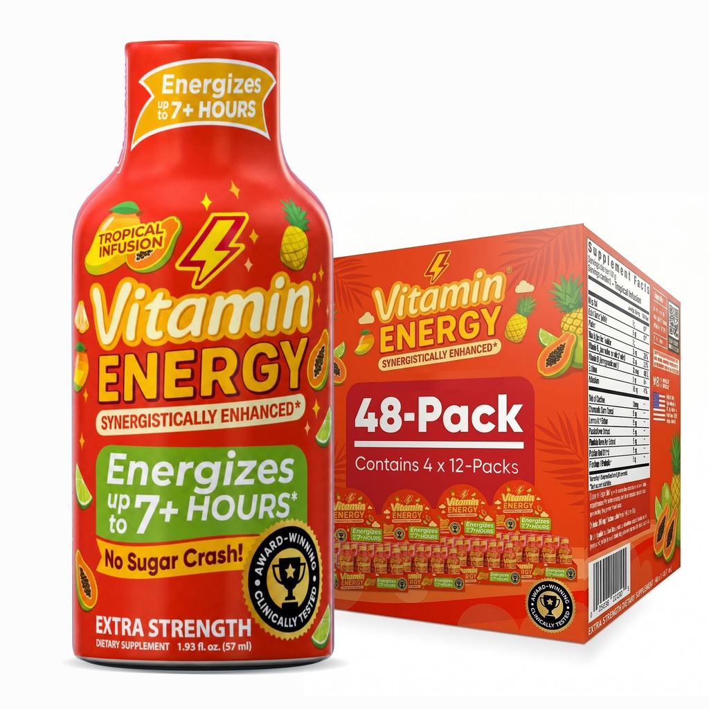 Vitamin Energy Focus+ Extra Strength Energy Shot Tropical Infusion 48 Pack, 260mg Natural Caffeine, B-Vitamins, CoQ10, Amino Acids, Focus, Productivity & Clarity, Zero Sugar, Gluten-Free, 1,93 fl oz
