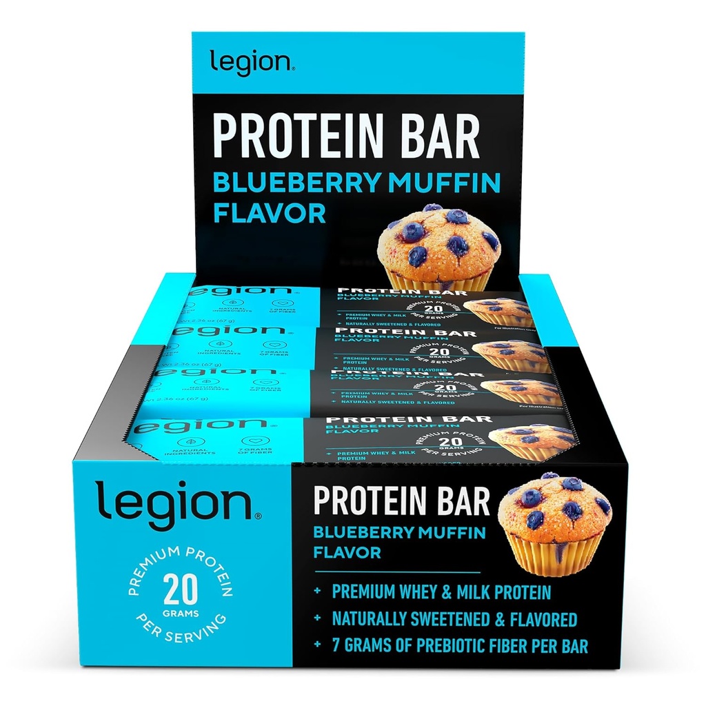 Legion Protein Bar Blueberry Muffin - 100% Whey Protein, Soy Free Protein Bars med Prebiotic Fiber - Low Fat Healthy Protein Bar - Gluten fri, naturligt smaksatt, låg sockerprotein Bars (12 greve)