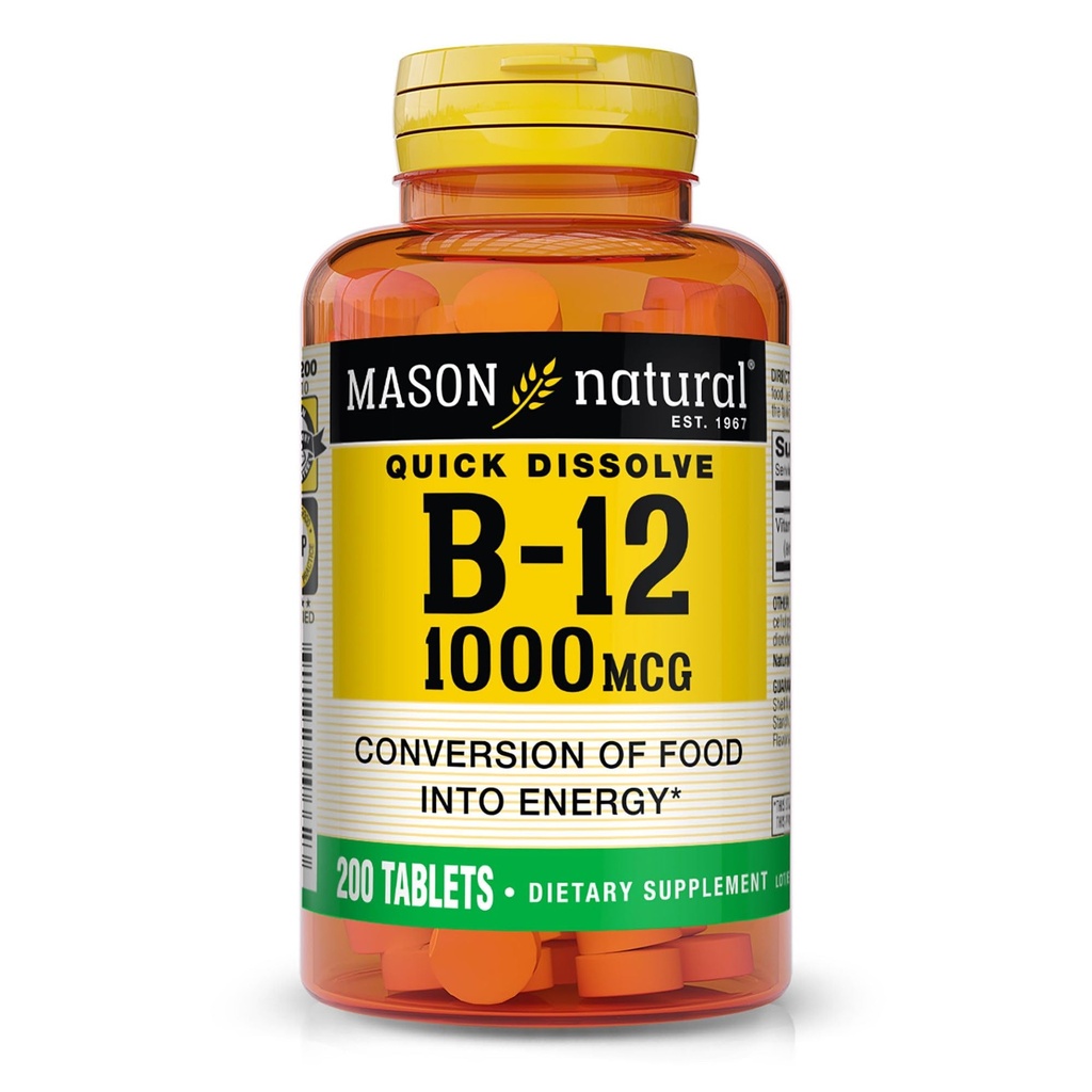 MASON NATURAL B12 1000 mcg Snabbupplösta tabletter för hälsosam omvandling av mat till energi, 200 dagars leverans