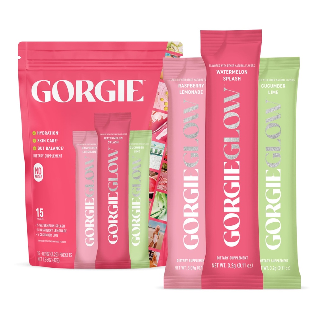 GORGIE Glow Variety Pack 15 Sticks, Electrolyte Powder Healthy Drink Mix, w / Hyaluronic Acid, Aquamin, Vitamin C & D, Probiotika, No Sugar, Antioxidanter för Hydration, Hudvård och Gut Balance