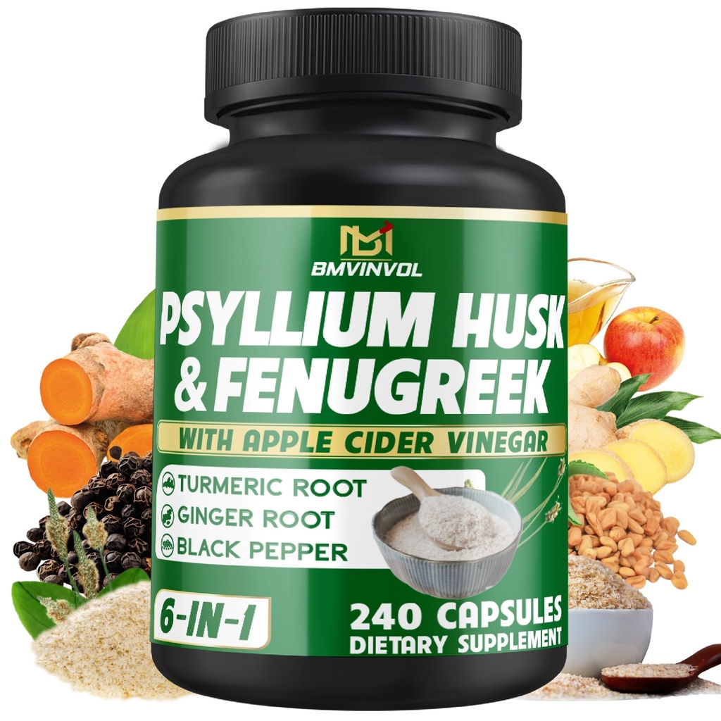 BMVINVOL Psyllium Husk Fiber Supplement med Fenugreek, Apple Cider Vinegar, Turmeric, Ginger, Black Pepper- Digestion Health Support - 240 kapslar