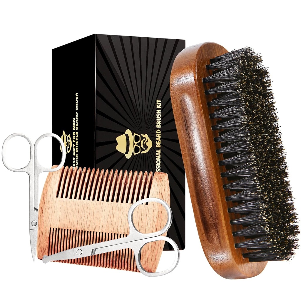 Beard Brush för män, Boar Bristle Black Walnut Wood Beards och Mustaches Grooming Set inklusive Pure Boar Bristle Beard Brush, Beard Comb, Mustache Scissors och Travel Bag