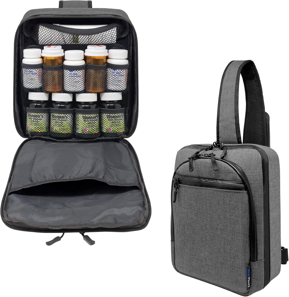 Cross-Body Hands-Free Modular Pill Bottle Organizer, Medicine Bag, Case, Carrier för mediciner, vitaminer och medicinska förnödenheter - Heather Gray (utan lås)
