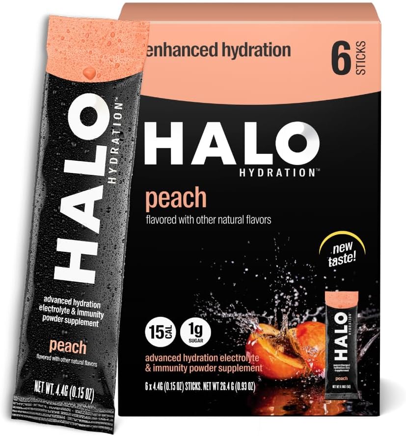 Halo Hydration Electrolyte Powder Packets - Peach - 6 portioner (5g varje) - Organisk Hydration Drink med låg socker + Essential Vitaminer + Mineraler - Vegan