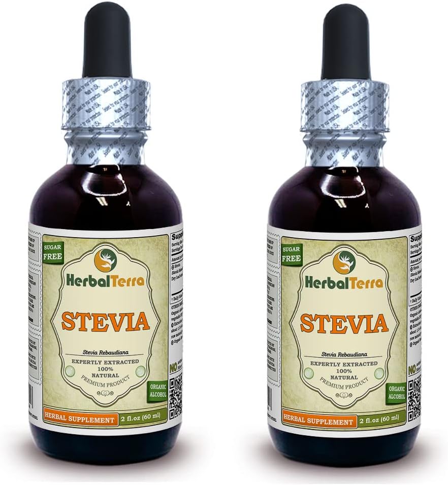 Stevia (Stevia Rebaudiana) Tinktur, Organic Dried Leaves Liquid Extract (Brand Name: HerbalTerra, Proudly Made in USA) 2x2 fl.oz (2x60 ml)