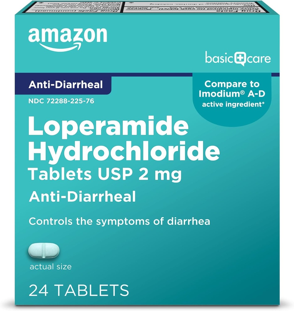 Grundläggande vård Loperamidhydroklorid tabletter, 2 mg, Anti-Diarrheal, 24 greve (1) (Packaging kan variera)