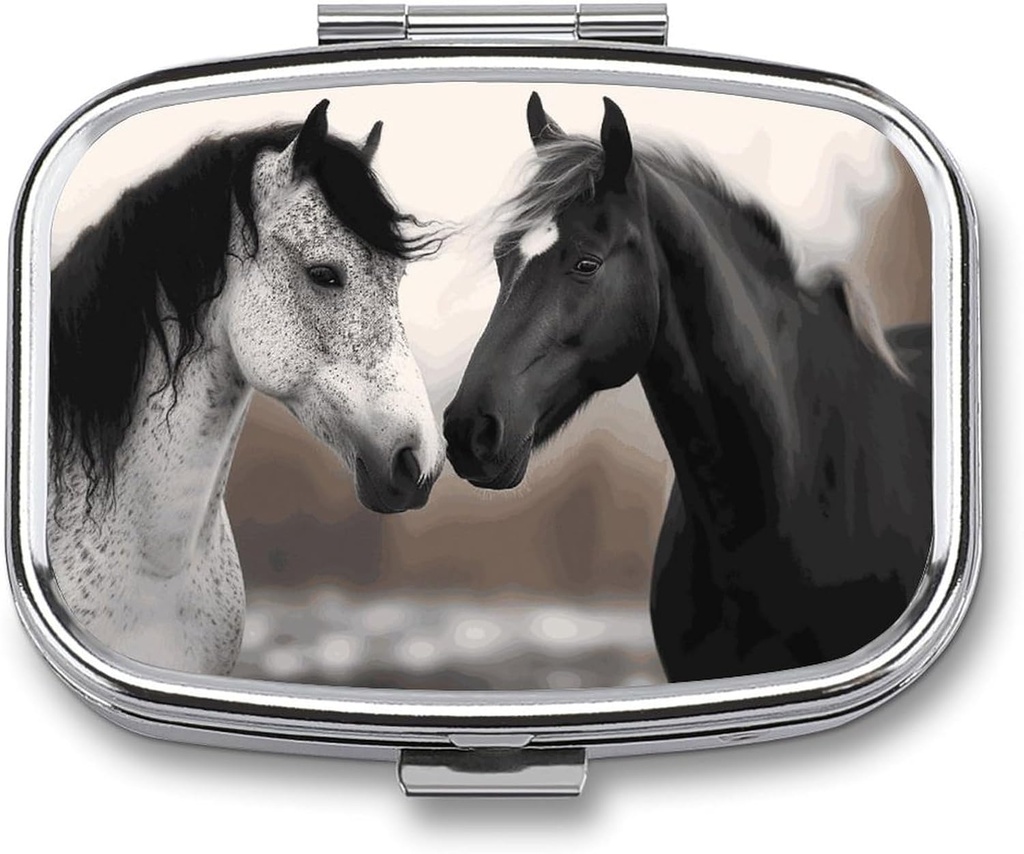 Black och White Horses Square Pill Box, 2 Compartment Decorative Pocket Pill Box för ficka eller väska Portable Mini Travel Medicine Tablet Vitamin Holder Organizer Pill Case