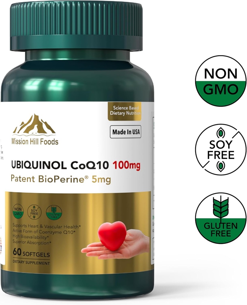 Premium Ubiquinol CoQ10 + BioPerine (100mg) | Antioxidant for Heart Health (1 Bottle-60 Softgels-2mo Supply) | High Absorption Heart & Vascular Vitamins | Non-GMO & Gluten Free