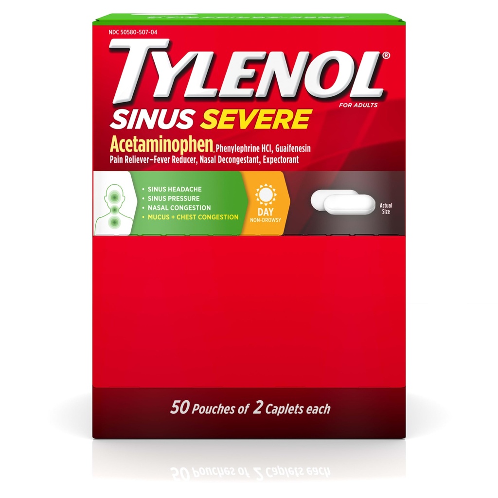 Tylenol Sinus Severe Daytime Caplets med Acetaminophen 325mg, Guaifenesin 200mg & Phenylephrine HCl 5mg, Non-Drowsy Pain Reliever, Expectorant & Nasal Decongestant, 50 Travel Packs med 2 ct