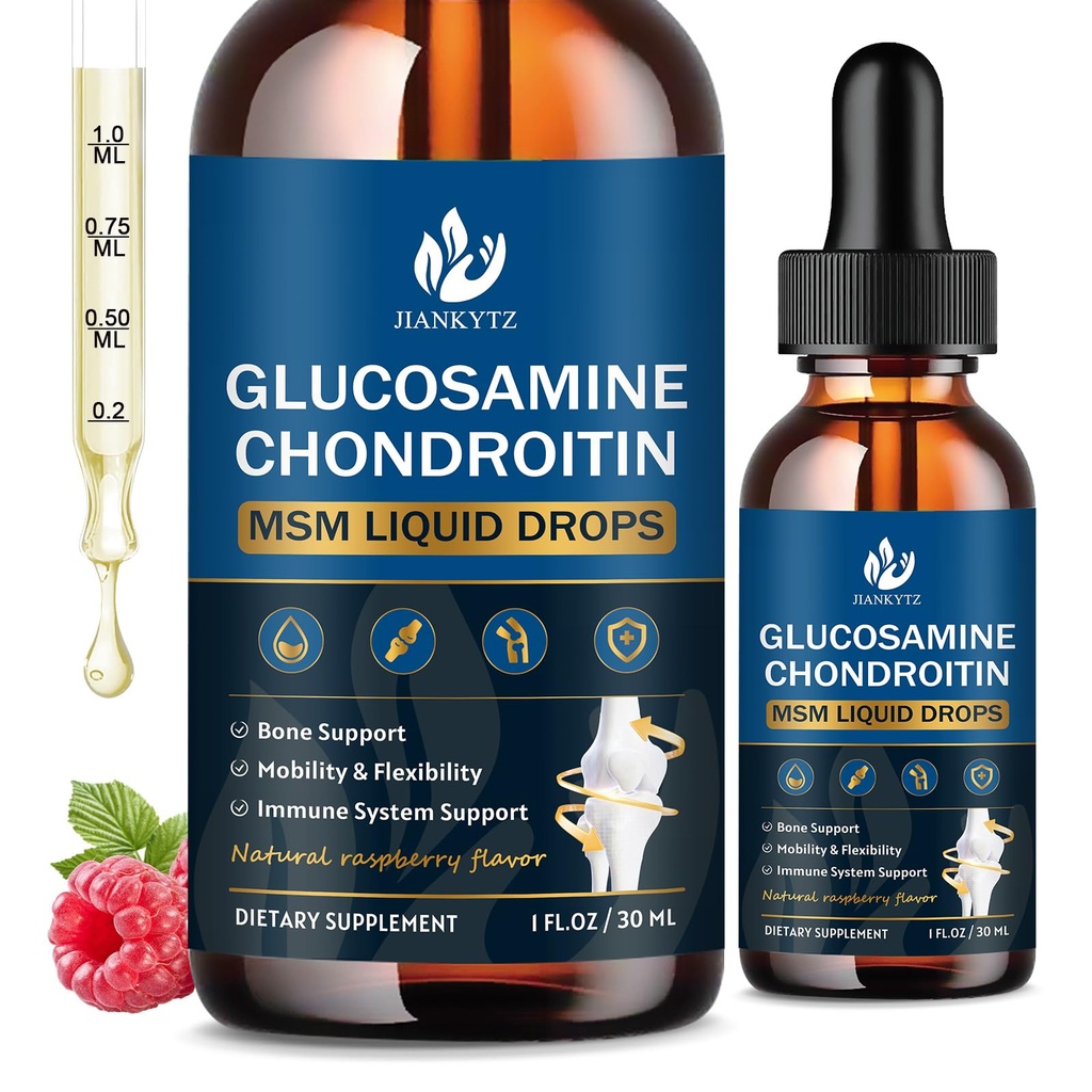 (2 Pack) Glukosamin Chondroitin MSM flytande droppar, hög absorption, antioxidant, immun, benstöd, MSM Supplement för män och kvinnor, Vegan, sockerfri, hallon smak, 1 Fl Oz
