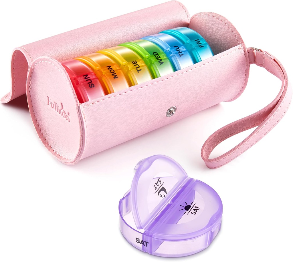 Fullicon PU Case Weekly Pill Box Organiser 2 Times A Day, Travel 7 Day Pill Boxes, Portable Tablet Organiser för medicin, medicinering, vitamin, fiskoljetillskott (Pink / Rainbow)