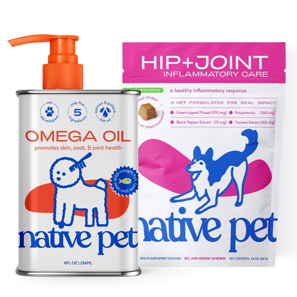 Native Pet Omega Oil för hundar 8 Oz - fiskoljetillskott och lättnad - Anti-inflammatoriska Chews för hundar - 60 Chews - Arthritis Supplement & Joint Pain Relief