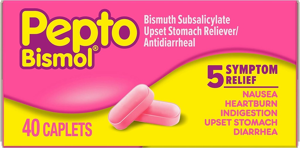 Pepto Bismol Caplets for Nausea, Heartburn, Indigestion, Upset Stomach och Diarrhea, 5 Symptom Fast Relief i en bekväm form, 40 ct
