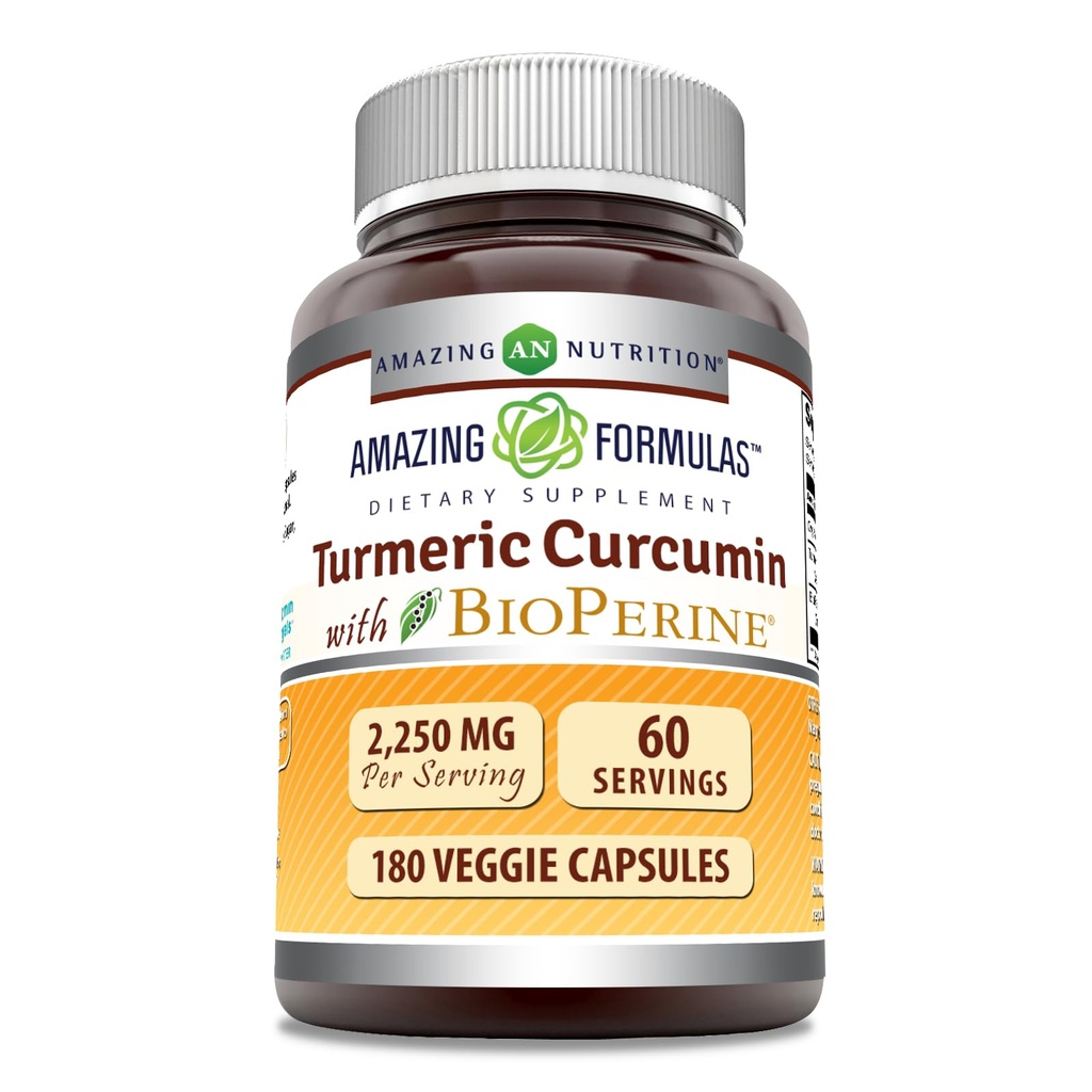 Fantastiska Formler Turmeric Curcumin med Bioperine Supplement | 2250 Mg per portion | Veggie Capsules | Non-GMO | Gluten-Free | Made in USA (1 Pack, 180 Count)