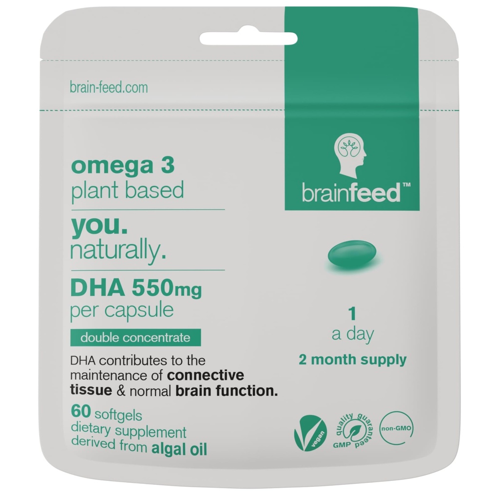 DHA Supplements (60) | Double Concentrate Omega 3 DHA 500mg PER Capsule - 1 per dag | Brain & Eye Health Support | Vegan DHA - Omega 3 Algae Oil | DHA 1000mg x 2 kapslar | 2 Månadsförsörjning | Hållbar