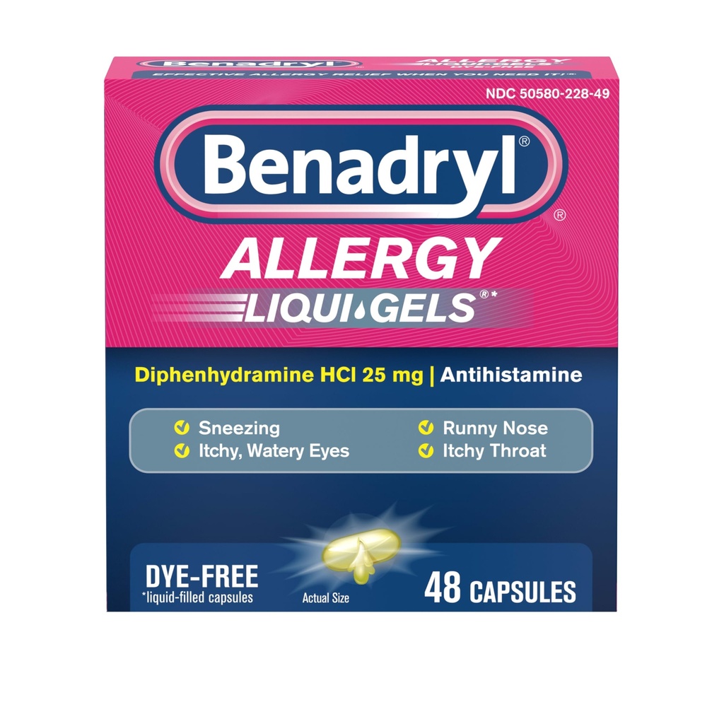 Benadryl Liqui-Gels Antihistamin Allergy Medicine & Cold Symptom Relief, Dye-Free Liquid Gels med 25 mg Diphenhydramine HCl för symtom som Runny Nose, Sneezing & More, 48 ct