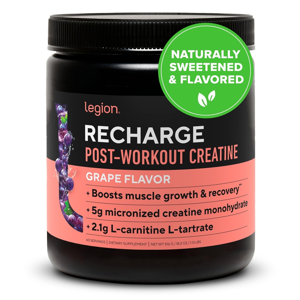 LEGION Recharge Post Workout Supplement - All Natural Muscle Builder & Recovery Drink med Micronized Creatine Monohydrate. Naturligt sötad och smaksatt, säker och hälsosam. (Grape, 60 servering)