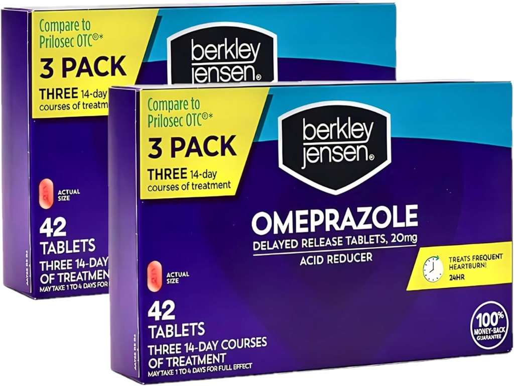 Berkley jensen Omeprazole 20 mg Försenade frisättning tabletter - Heartburn Medicine-syra Reducer Pills - Behandlar Frequent Heartburn - 3 x 14-dagarskurser, 42 greve (Pack of 2)