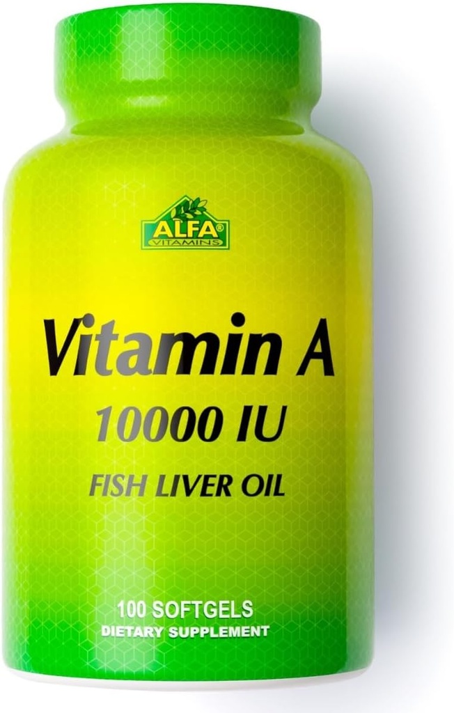 ALFA VITAMINS - Vitamin A - Fisk Liver Oil 10 000 IE - Daglig kosttillskott hjälper till att stödja vision, hud och immunsystem - 100 Softgels