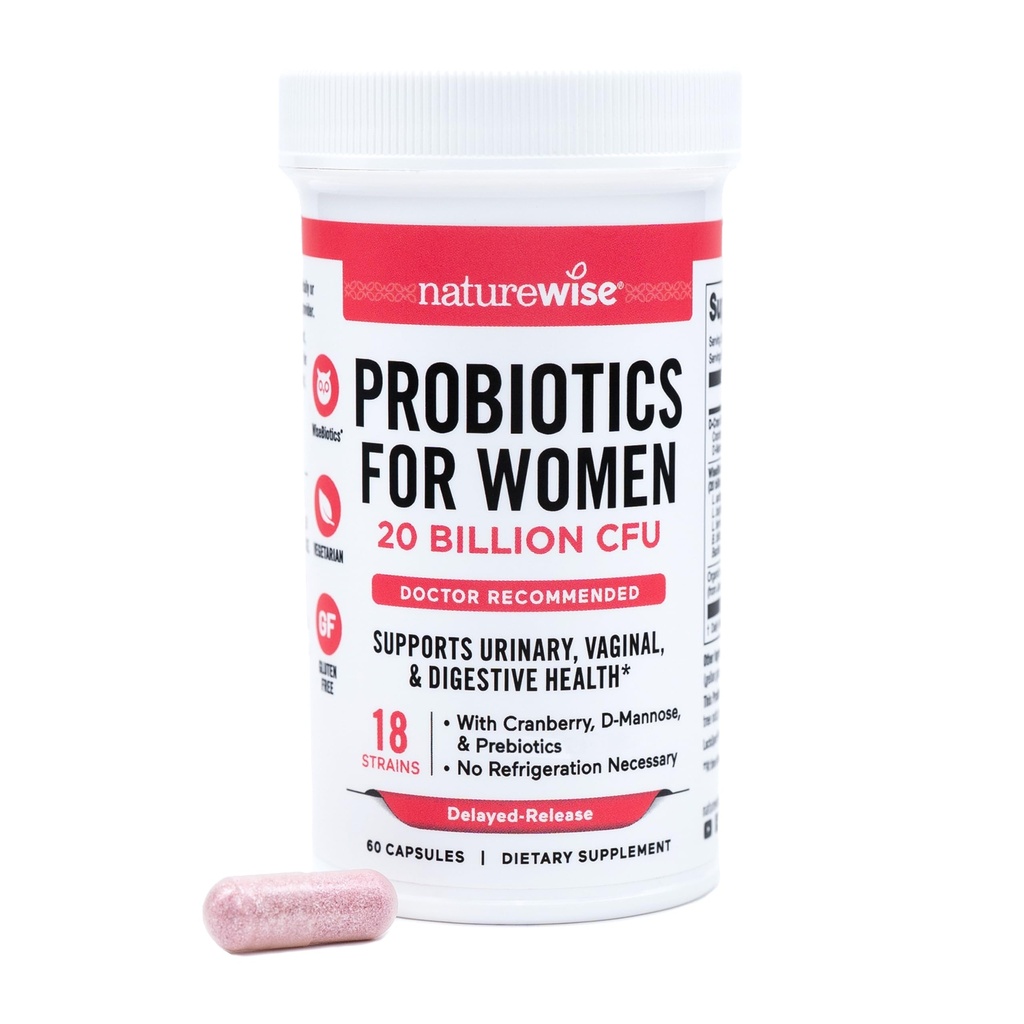 NatureWise Probiotics for Women + Organic Prebiotics D-Mannose & Cranberry - Vaginal Probiotics for PH Balance, Digestive & Urinary Tract - 18 Strains, 20 miljarder CFU - 60 kapslar