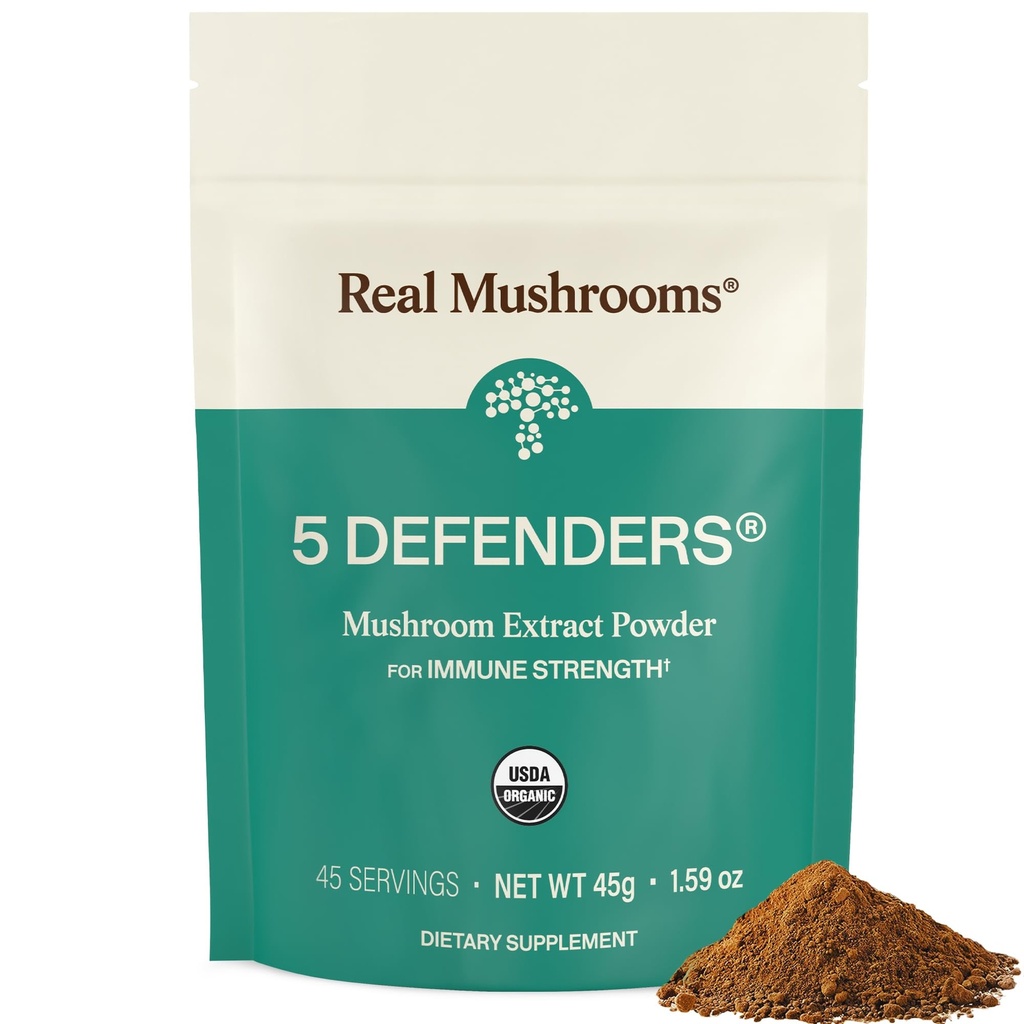Real Mushrooms 5 Defenders Mushroom Complex - Functional Mushrooms Extract från Chaga, Shiitake, Maitake, Reishi, Turkiet Tail Mushroom Blend för Wellness Support med Beta Glucans - 45 portioner