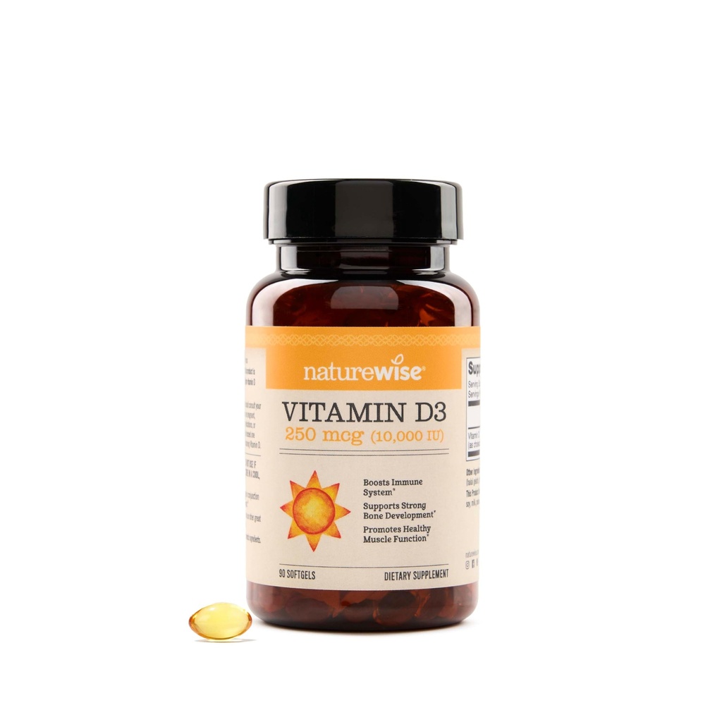 NatureWise Vitamin D3 10.000IU (250 mcg) 90-dagars leverans - Hög styrka för hälsosam immunstöd och muskelfunktion, icke-GMO, glutenfri i organisk extra jungfruolja, (Mini Softgel), 90 greve