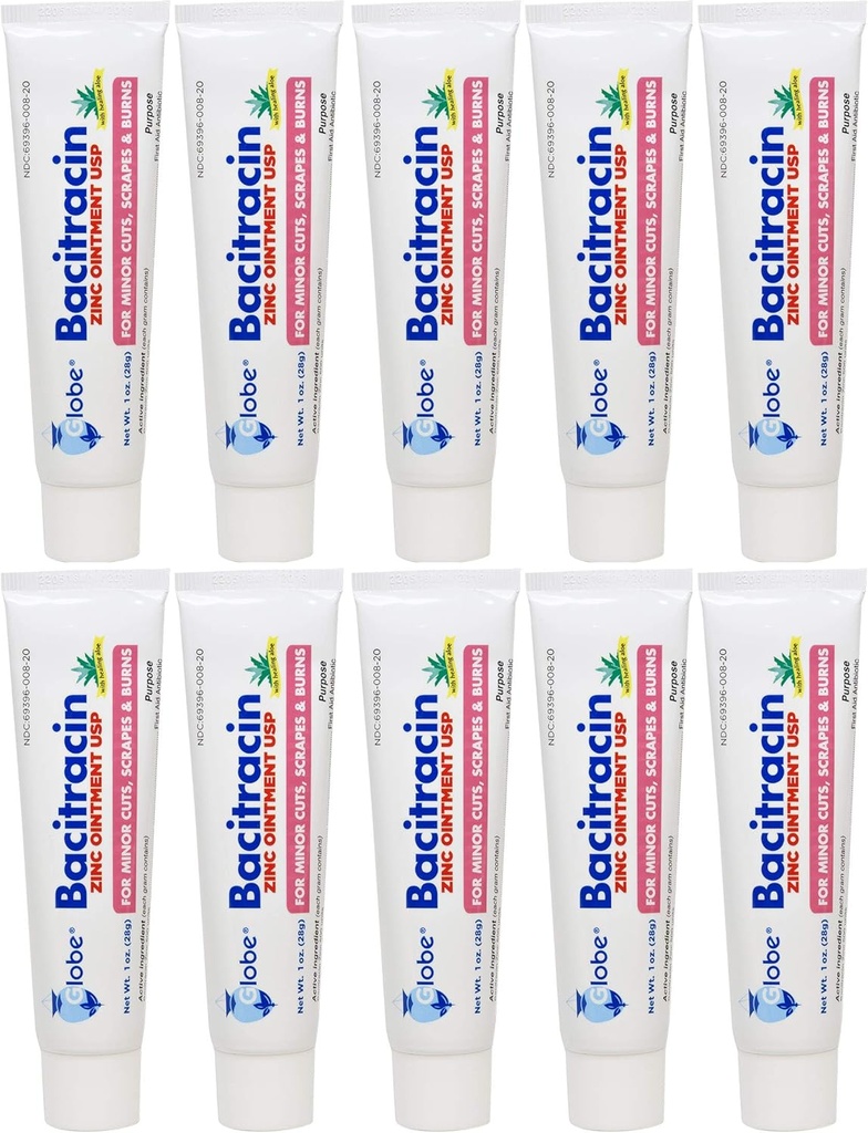 Globe Bacitracin Zink salva 1 uns | Antibiotisk salva | Essential Antibiotic First Aid Supplies | Healing Action | Maximal antibiotisk kraft | Förhindrar infektion i nedskärningar, skrapor, brännskador | 10 PACK |
