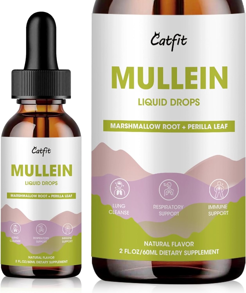 Mullein droppar för lungor - Mullein Leaf Extract med Marshmallow Root, Perilla & Astragalus för andningsstöd, Immune Boost & Lung Detox, Natural Herbal Formel, Vegan, 2 fl oz
