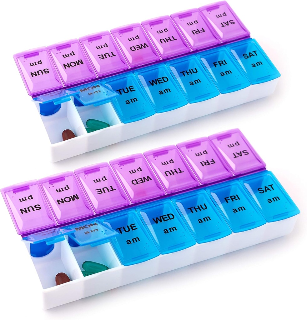 Deke Home - Pill Organizer 2 Times a Day (2 Pack), Weekly AM PM Pill Box, 7 Day Morning and Night Medicine Organizer, BPA-Free Daily Vitamin Container, Easy Open Travel Pill Case, 7.8 "x3.6"x1.3
