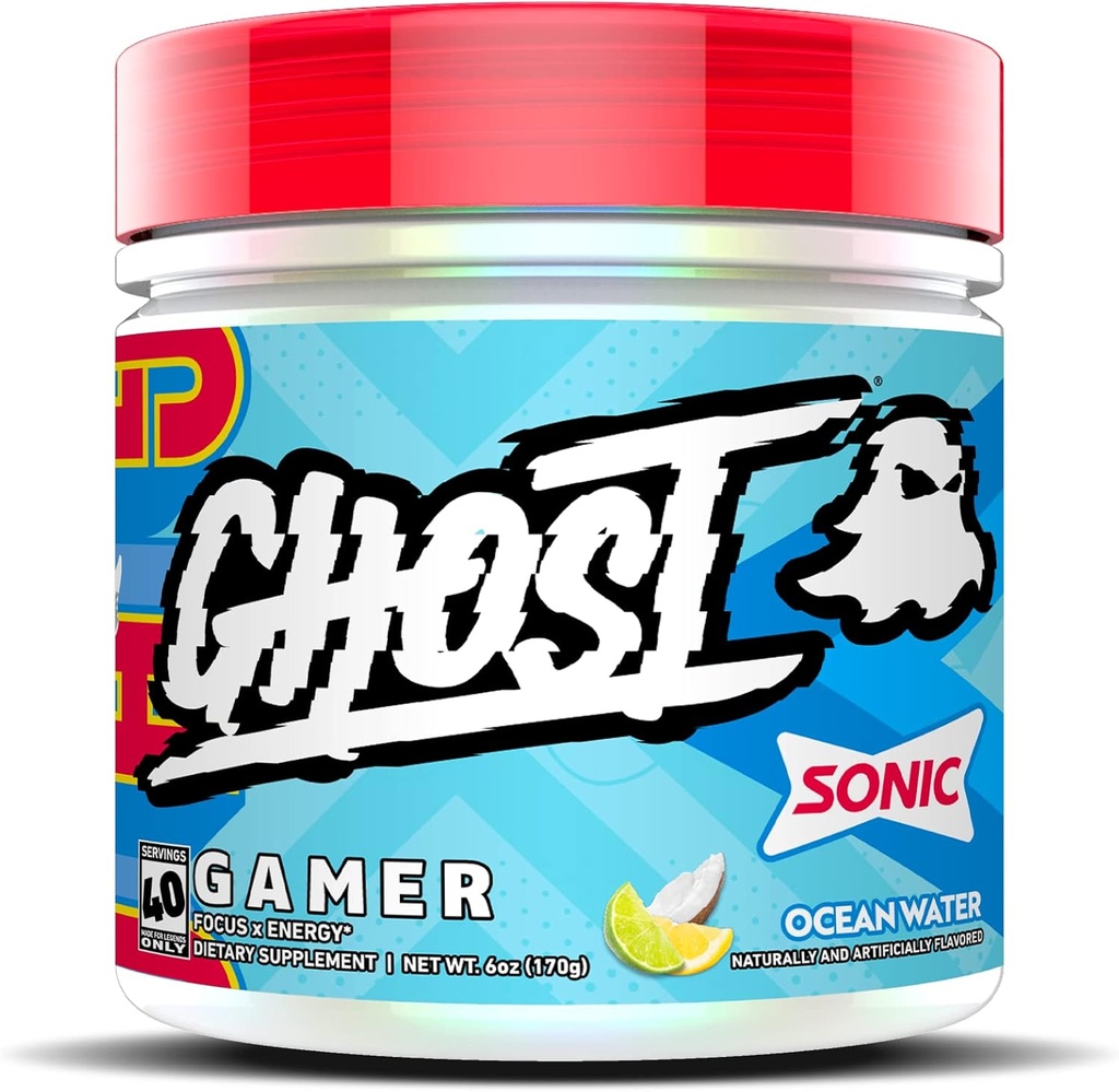 GHOST Gamer: Energi och fokus stödformel - 40 portioner, Sonic Ocean Water - Nootropics & Natural Caffeine för uppmärksamhet, noggrannhet och reaktionstid - Vegan, glutenfri