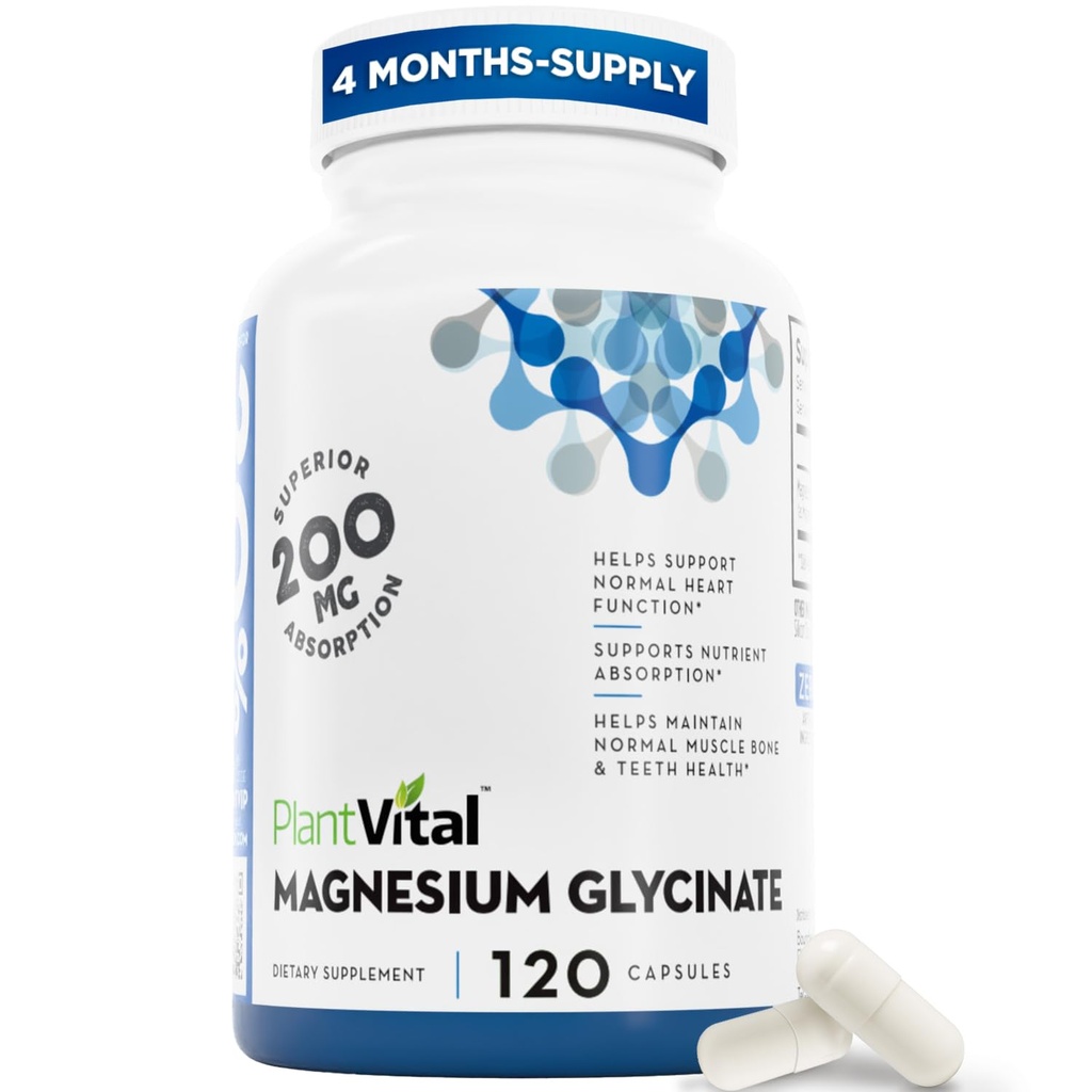 PlantVital Magnesium Glycinate 200mg 120 kapslar - High Absorption, Non-GMO, Vegan, Gluten-Free - Stöder Normal Sleep, Muscle & Nerve Function, Normal Heart & Bone Health, Hjälp Att Känna Calm & Relax