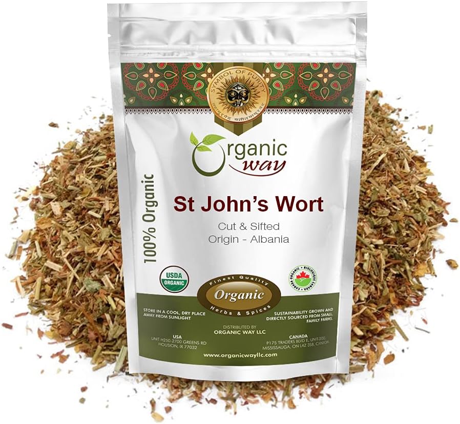 Organic Way St John's Wort Cut & Sifted (Hypericum perforatum) - Herbal Tea | European Wild-Harvest | Organic, Kosher & USDA Certified | Vegan, Non GMO & Gluten Free | Origin - Albanien (8 Oz)