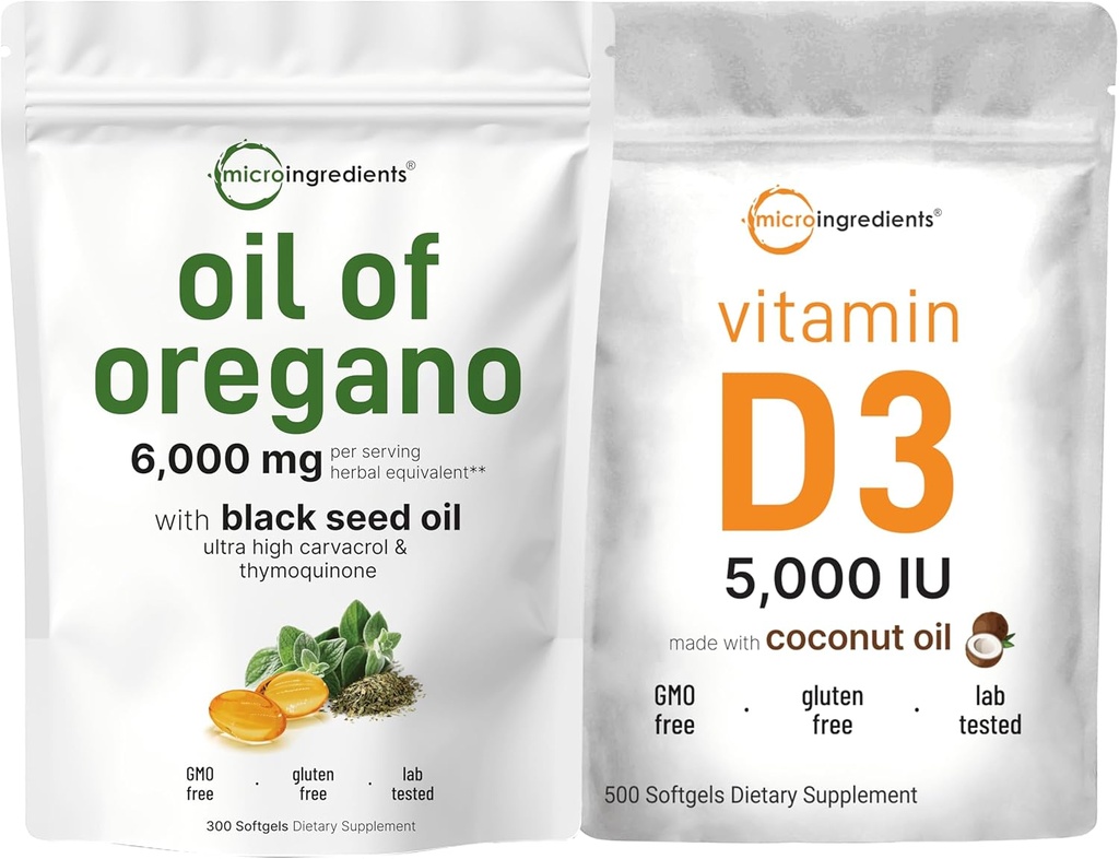Micro Ingredients Oil of Oregano Softgels 6 000mg Per Serving & Vitamin D3 5,000 IE Bundle Pack | 4X Styrka Carvacrol & Thymoquinon | Vitamin D som Cholecalciferol