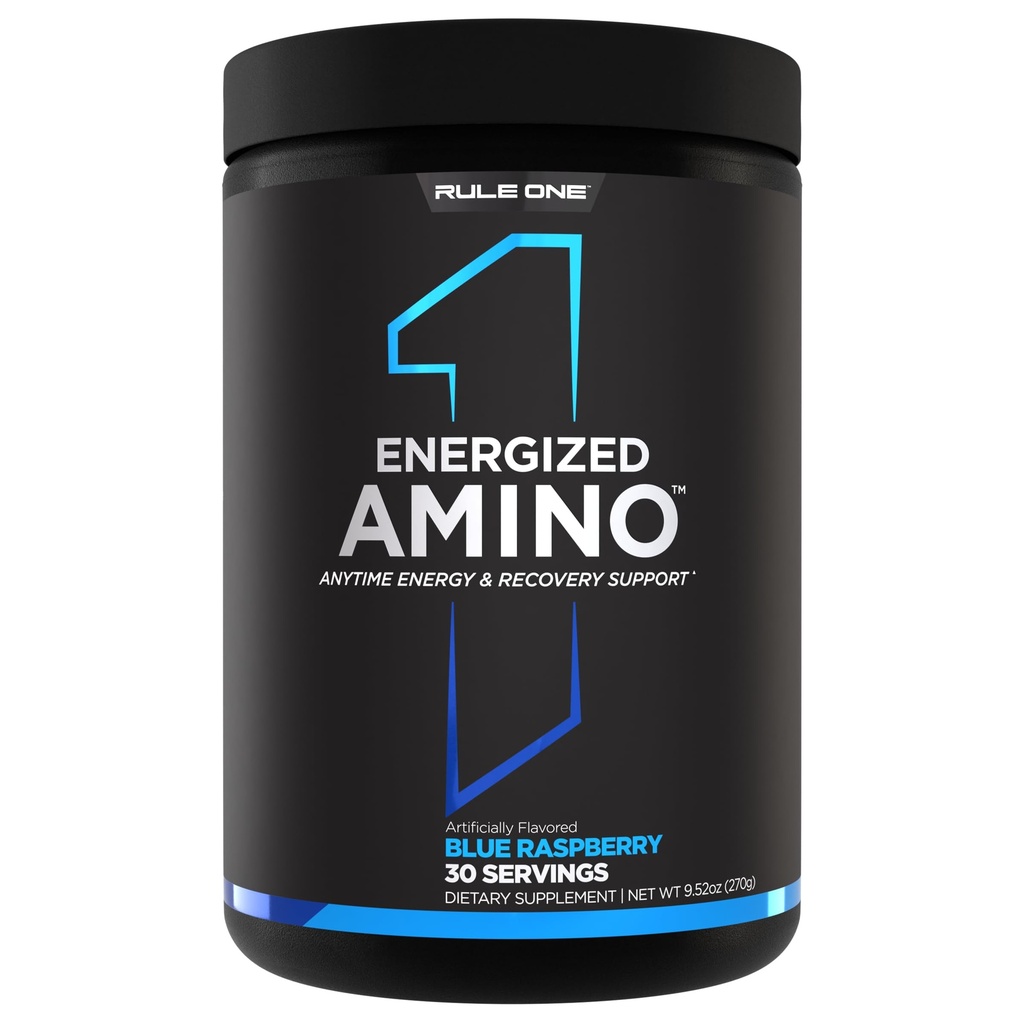 Regel 1 Proteins Energized Amino - Anytime Energy and Recovery Support med BCAAs, Glutamine, Citrulline, Beta Alanine, koffein från grönt kaffe och teblad extrakt (Blue Raspberry, 30 portioner)