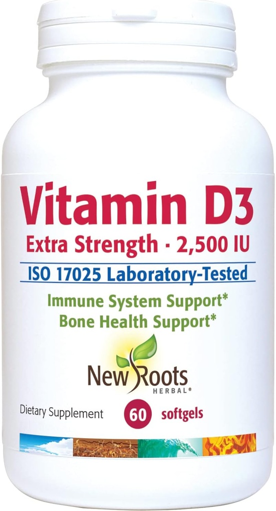 NEW ROOTS HERBAL Vitamin D3 2 500 IE (62.5 mcg) | Hälsosam muskelfunktion | Immunstöd | Non-GMO & Gluten-Free (60 Softgels)