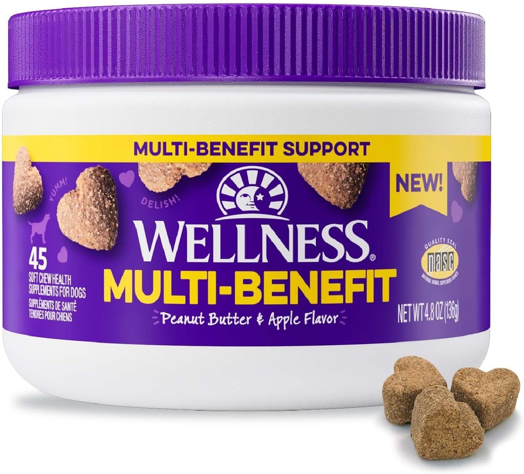 Wellness Peanut Butter & Apple smaksatta mjuka Chews Multi-Benefit kosttillskott för hundar, 45 greve