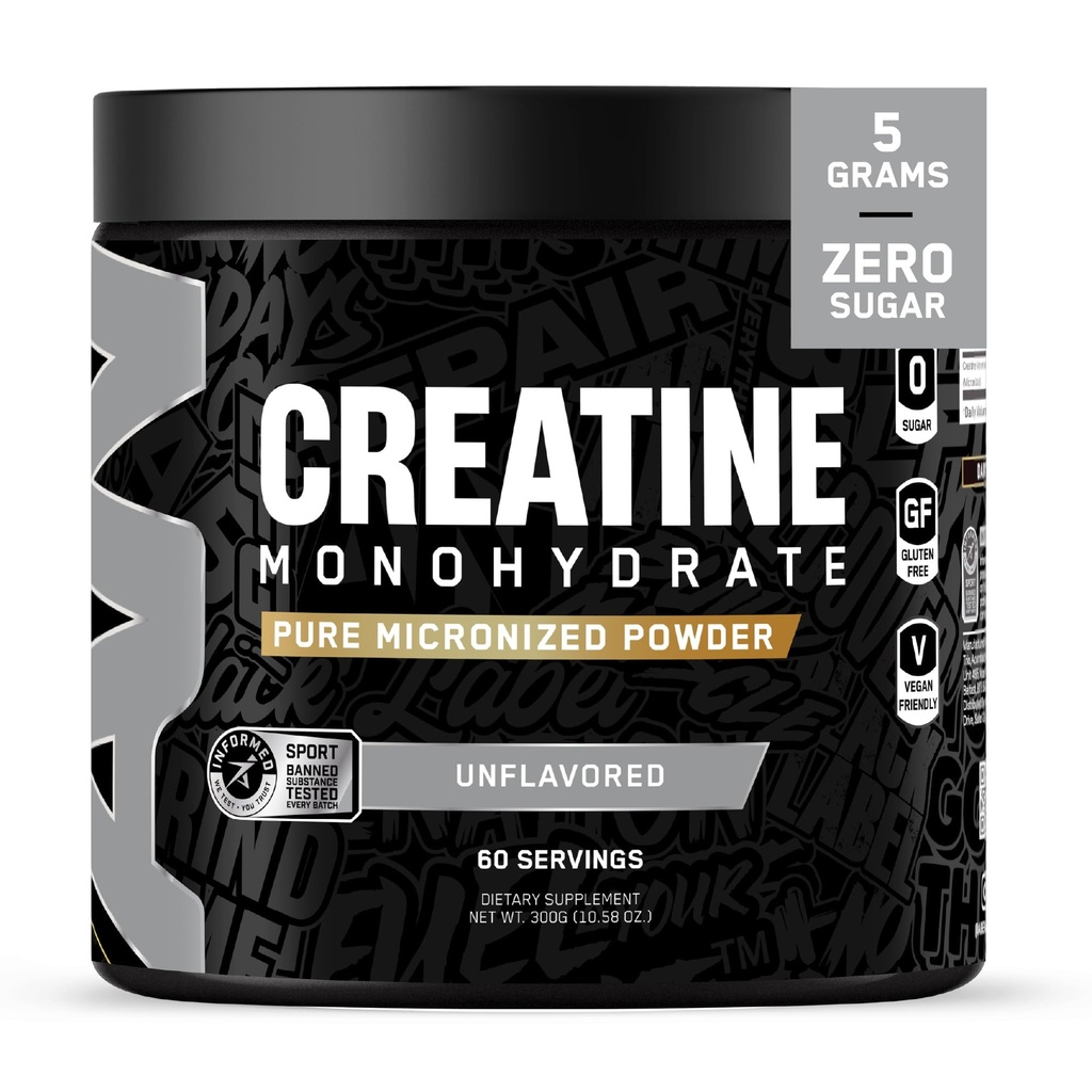 All Black Everything Creatine Monhydrate | 60 portioner | Unflavored | Micronized Aminosyrapulver | Cellulär energi | Kognitiv funktion | Glutenfri och Keto Friendly